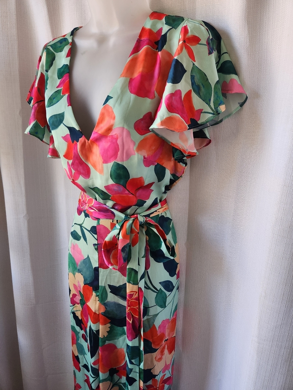 Zara Silky Floral V-Neck Wide-Leg Short Flutter Sleeve Jumpsuit Size L - Picture 6 of 12